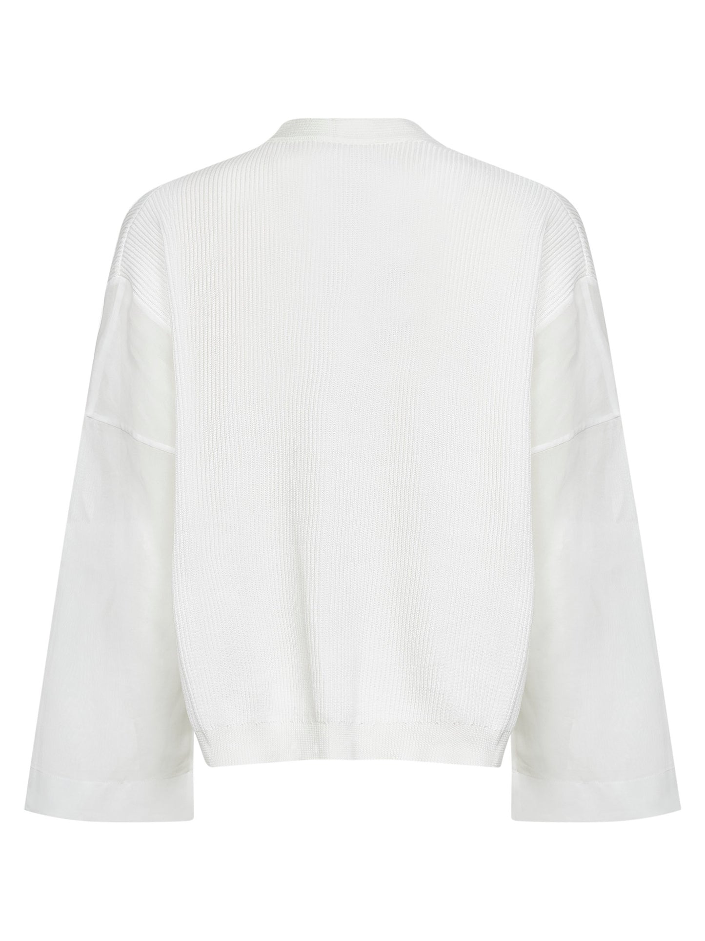 Cardigan in maglia a coste bianca con maniche in organza
