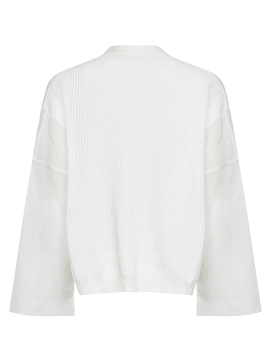 Cardigan in maglia a coste bianca con maniche in organza