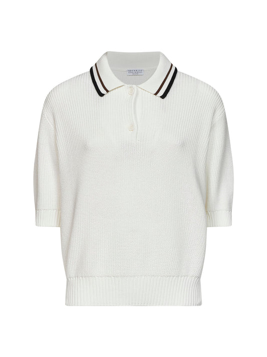 White English rib stitch knit cotton polo shirt