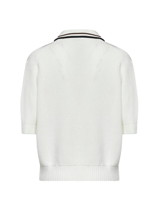 White English rib stitch knit cotton polo shirt