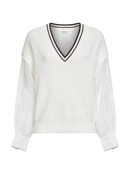 White ribbed cotton knit sweater with organza sleeves