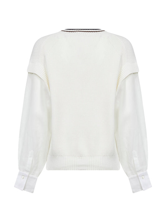 White ribbed cotton knit sweater with organza sleeves
