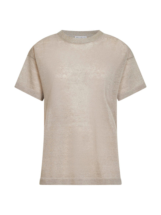 Beige linen blend sweater with lamé crewneck