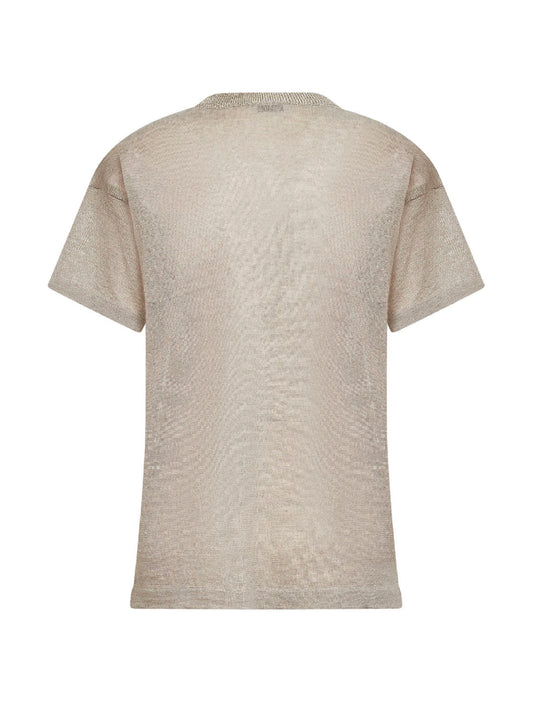 Beige linen blend sweater with lamé crewneck