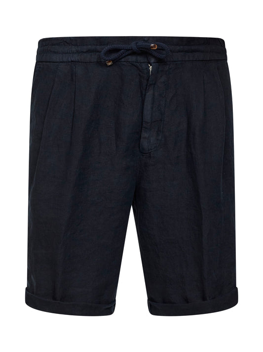 Navy blue linen gabardine Bermuda shorts<BR/>