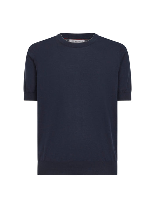 Navy blue cotton knit crewneck sweater