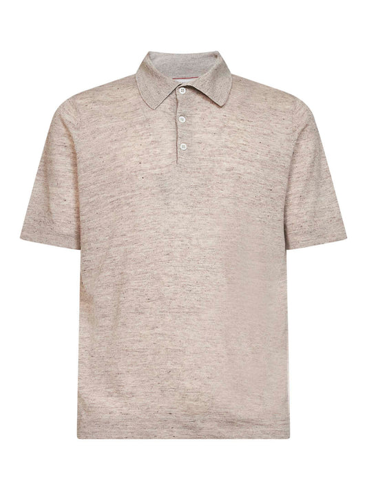 Sand linen and cotton knit polo shirt