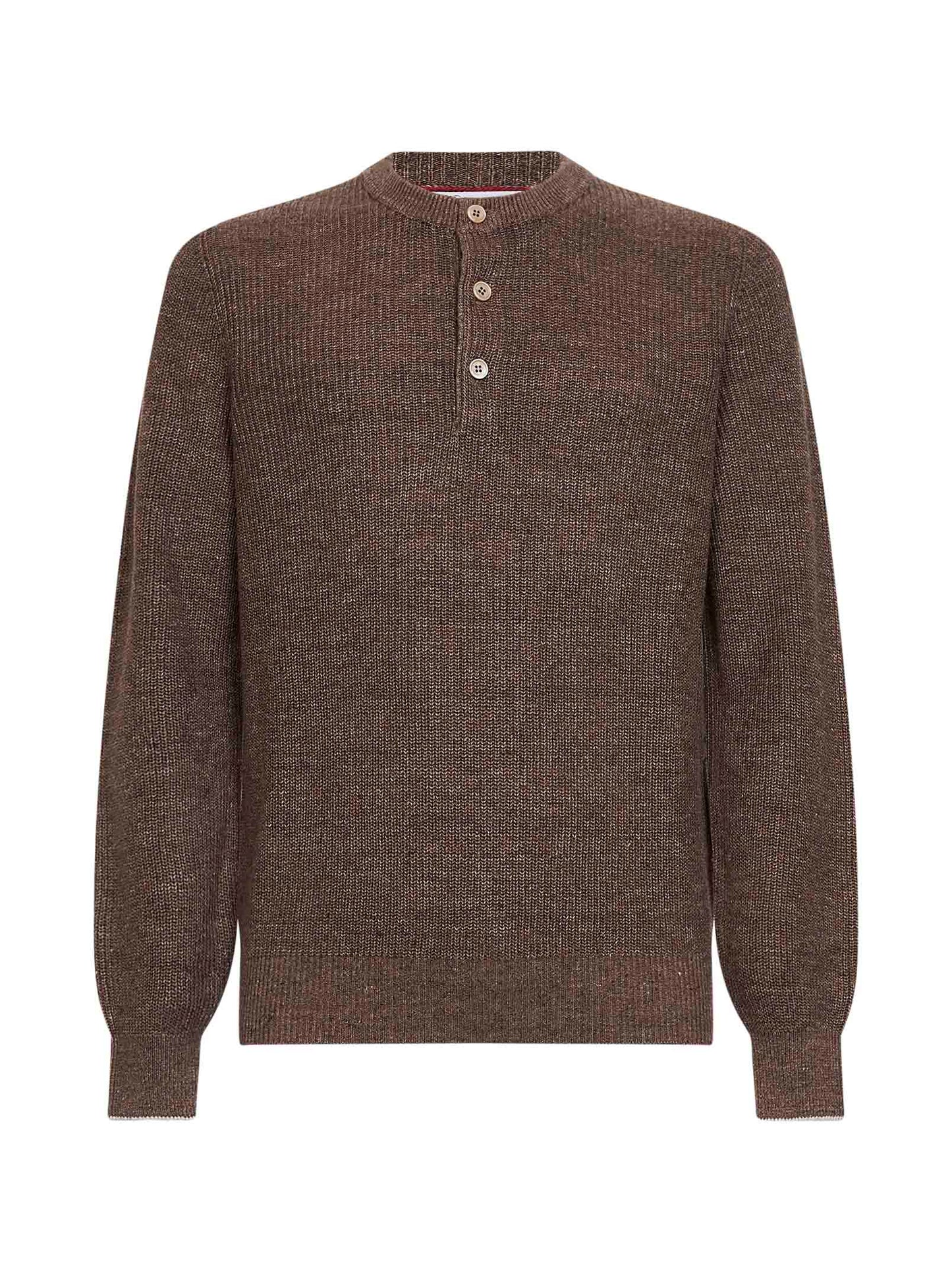 Hazelnut half English rib cotton and linen knit henley sweater