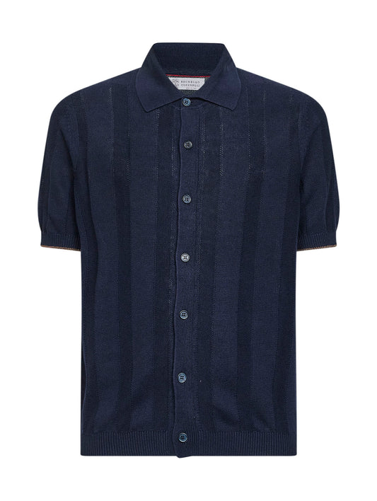 Camicia in maglia di lino e cotone a costa operata blu