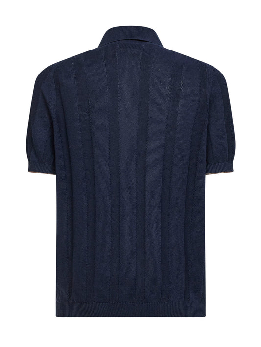 Camicia in maglia di lino e cotone a costa operata blu