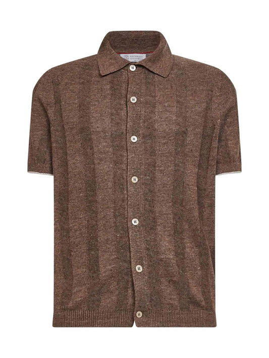 Camicia in maglia di lino e cotone a costa operata nocciola