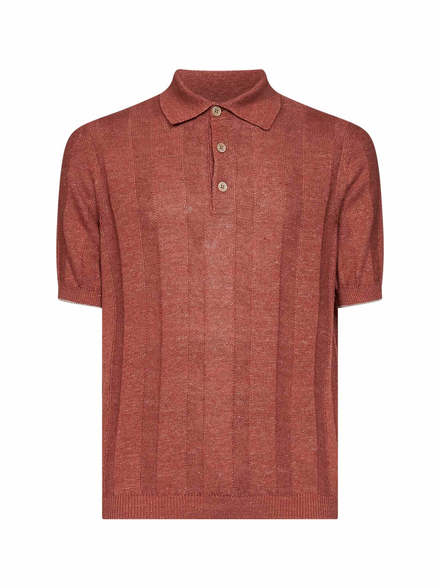 Terracotta wide ribbed linen and cotton knit polo shirt