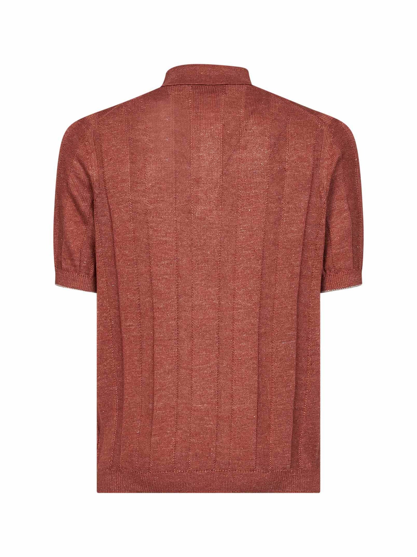 Terracotta wide ribbed linen and cotton knit polo shirt