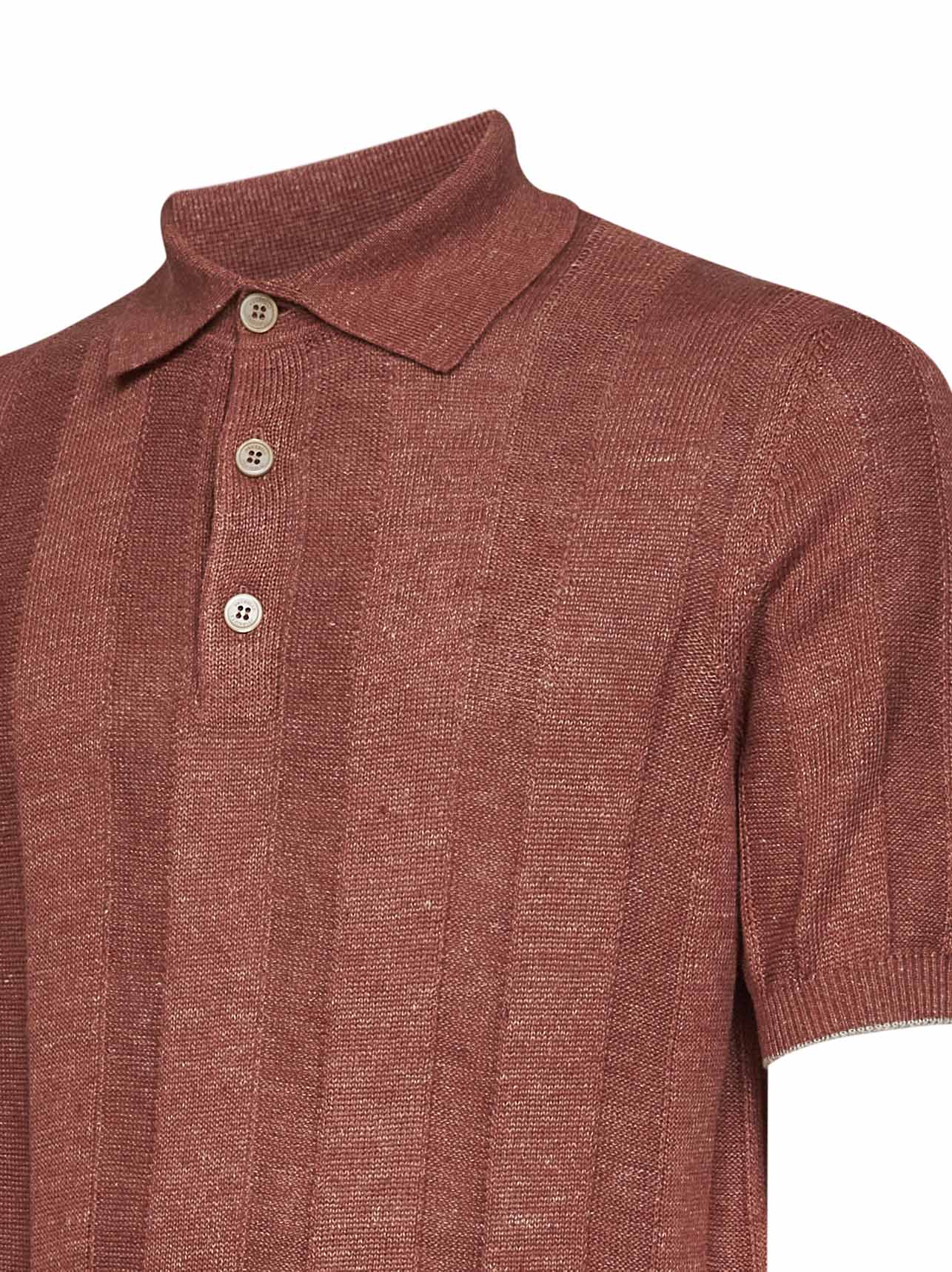 Terracotta wide ribbed linen and cotton knit polo shirt