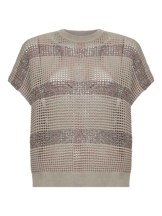 Sand cotton net knit sweater with Dazzling Stripes