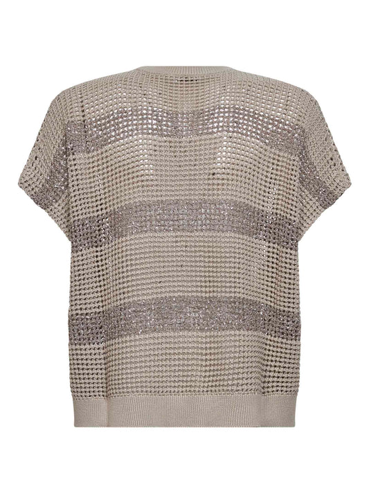 Sand cotton net knit sweater with Dazzling Stripes