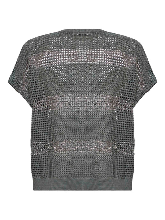 Khaki cotton net knit sweater with Dazzling Stripes