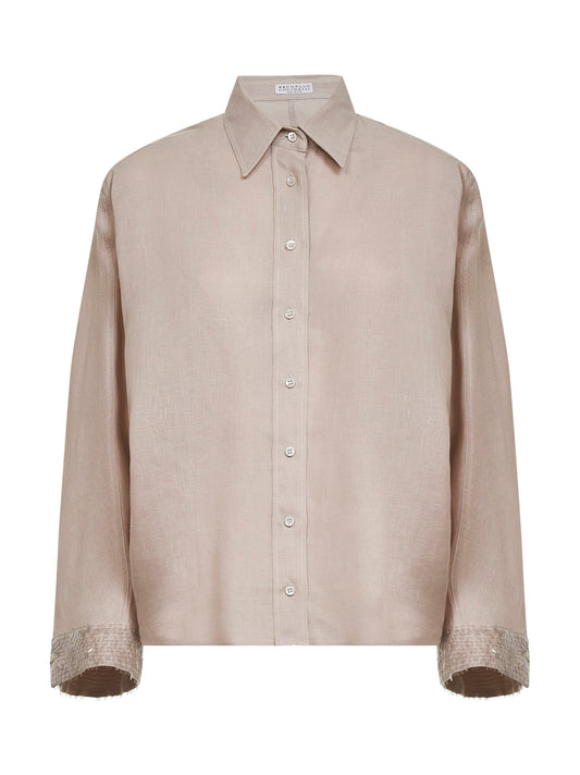 Camicia in lino beige con Dazzling Cascade Cuffs