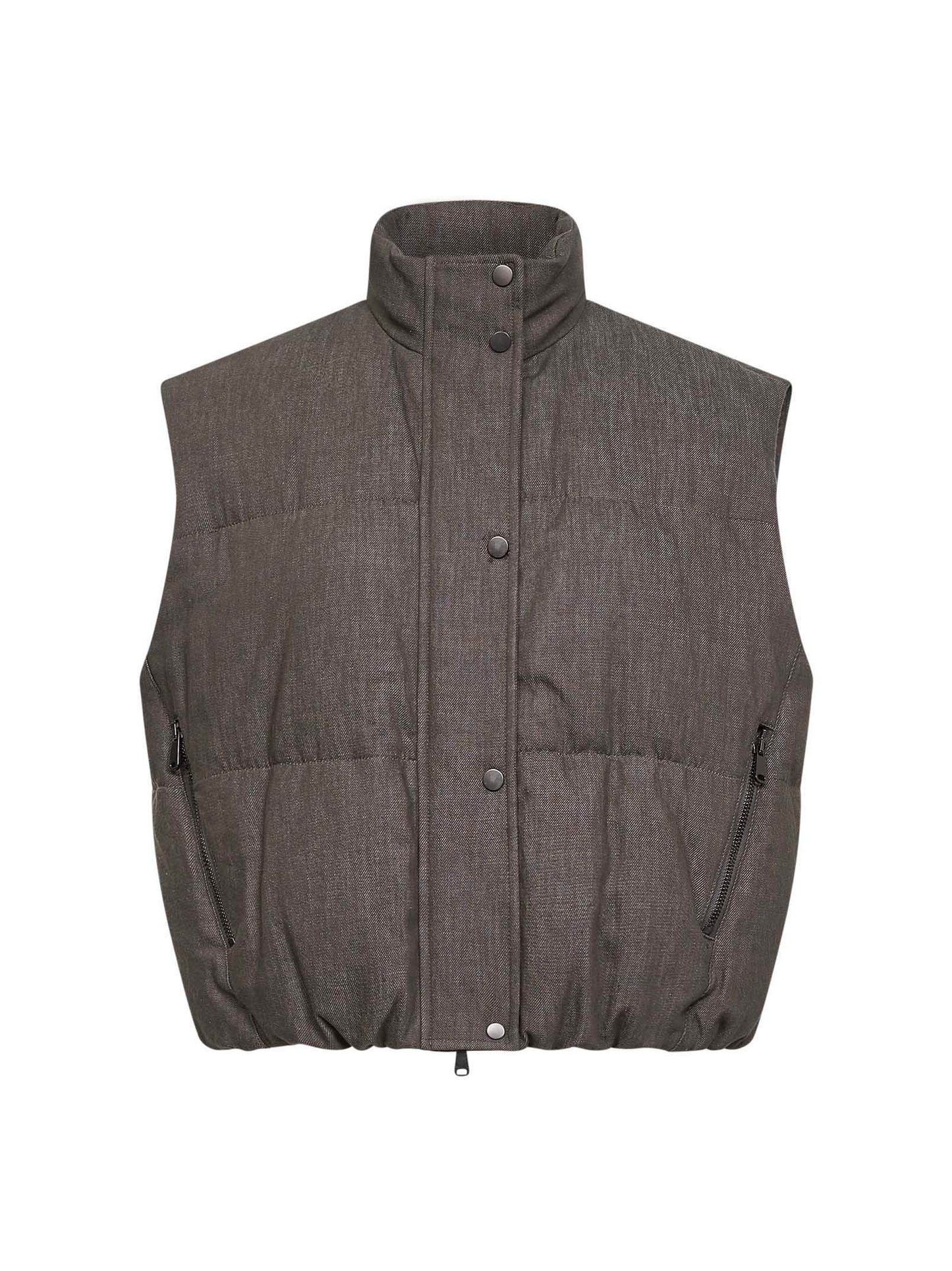 Piumino senza maniche in twill effetto denim olivo con monile