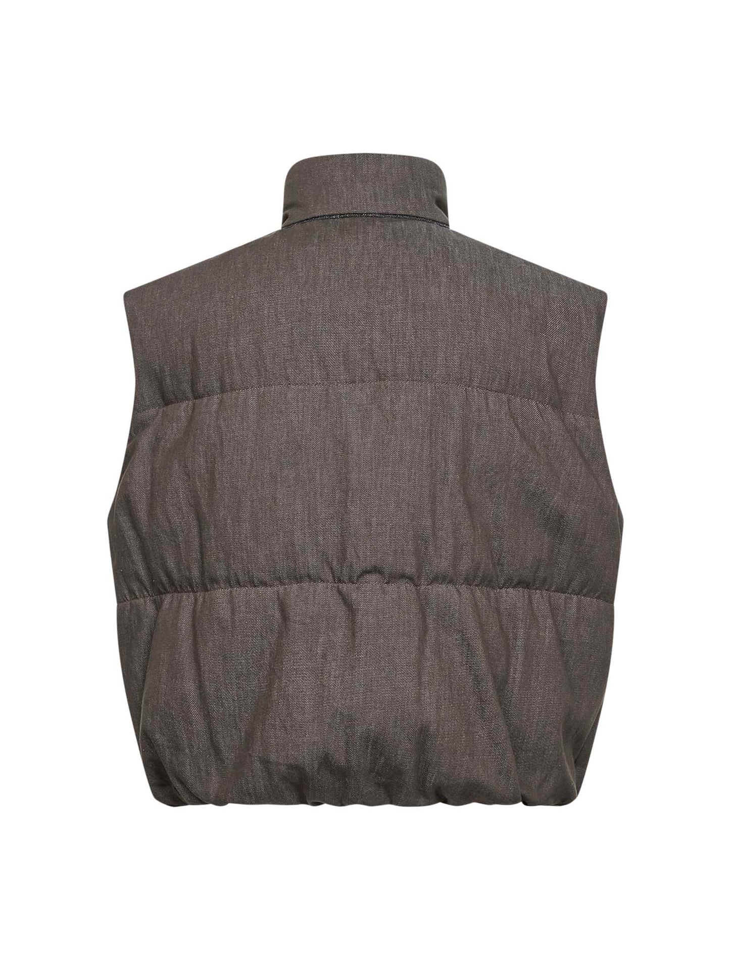 Piumino senza maniche in twill effetto denim olivo con monile