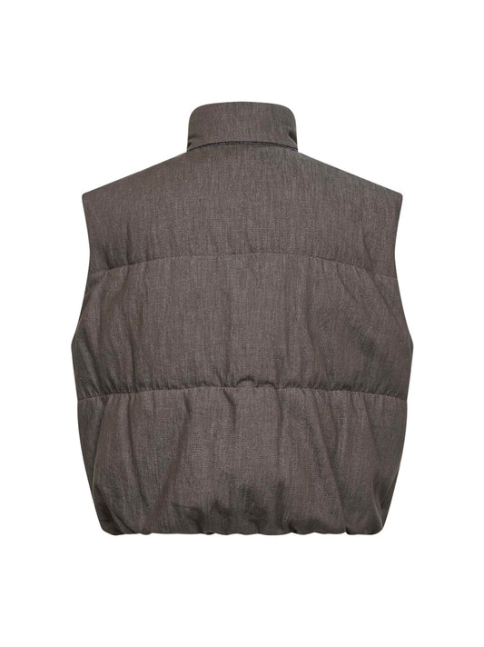 Piumino senza maniche in twill effetto denim olivo con monile