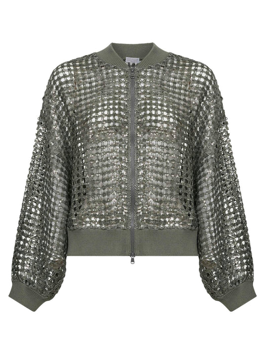 Cardigan Dazzling Net Embroidery in seta e lino verde