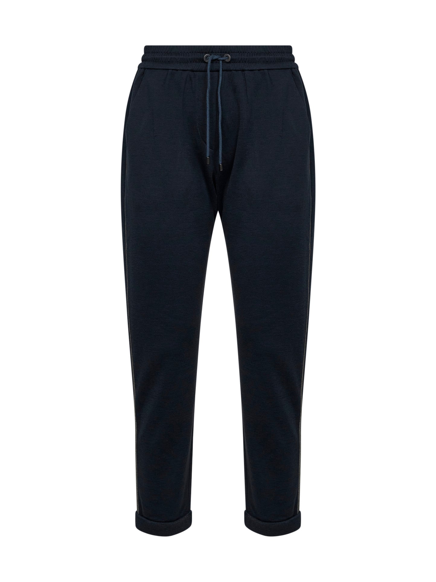 Blue cotton and silk interlock trousers with monili