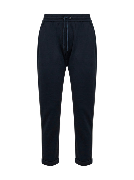 Blue cotton and silk interlock trousers with monili