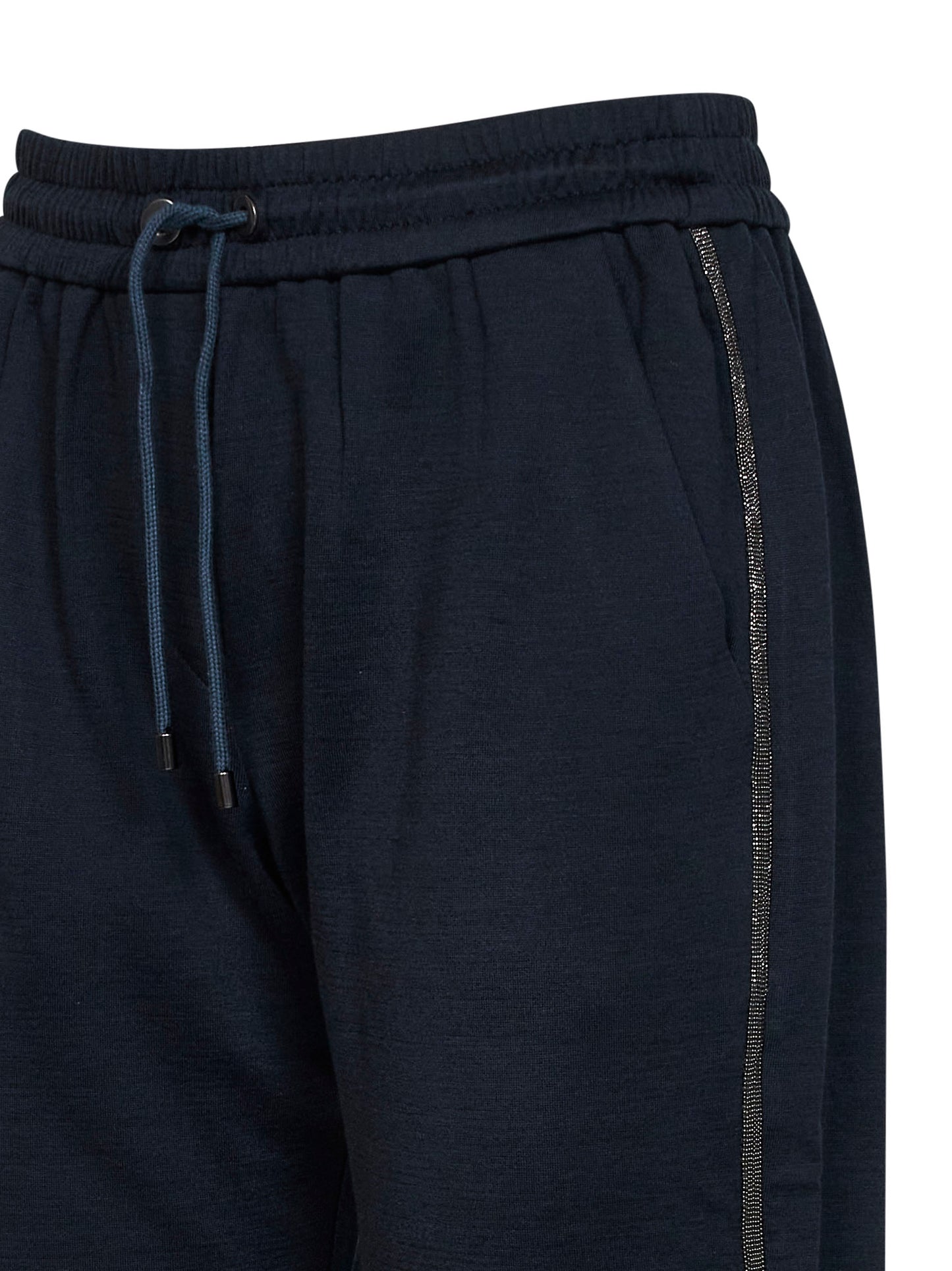 Blue cotton and silk interlock trousers with monili
