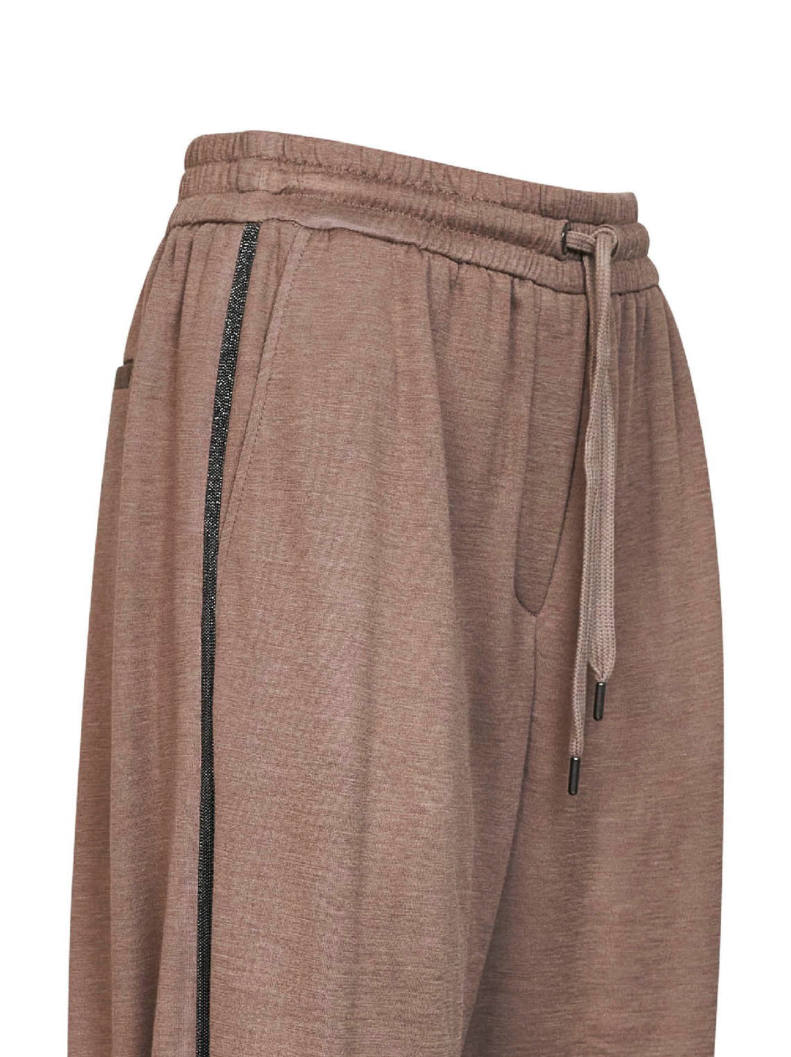 Pantaloni in interlock di cotone e seta marrone con monile