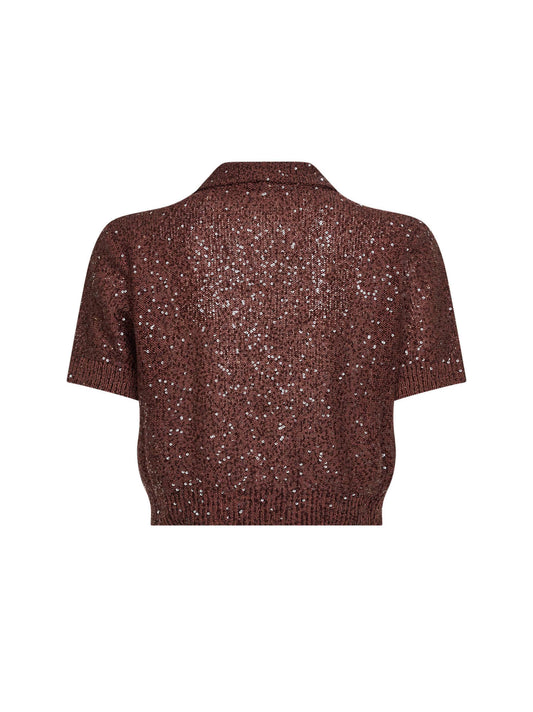Burgundy Dazzling Texture knit cropped polo shirt