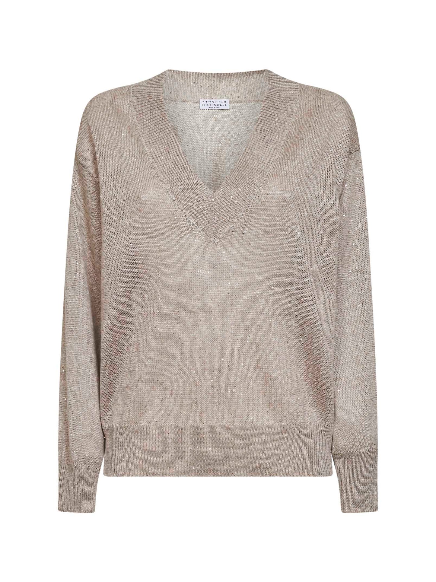 Maglia scollo a V in lino e cotone con paillettes beige freddo