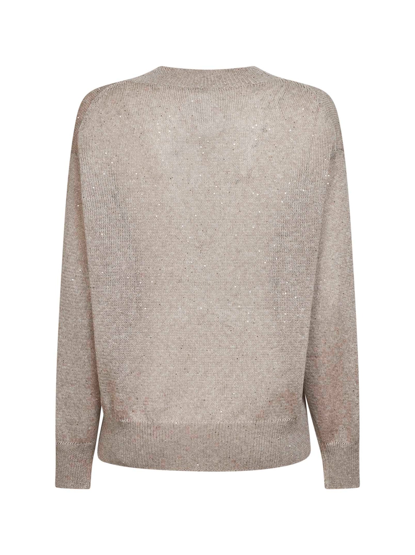 Maglia scollo a V in lino e cotone con paillettes beige freddo
