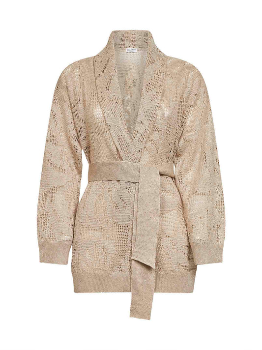 Beige embroidered knit belted cardigan