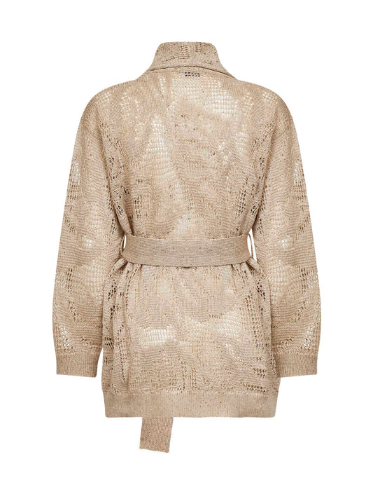 Beige embroidered knit belted cardigan