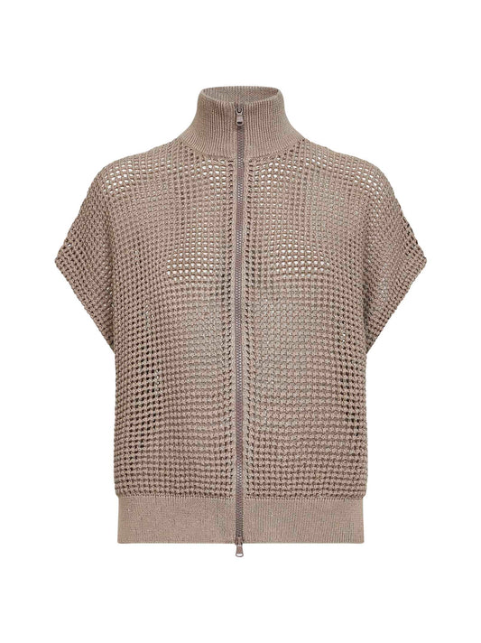 Cardigan in maglia a rete beige con Dazzling Details