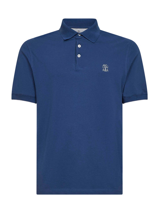 Avio blue cotton pique logo polo shirt