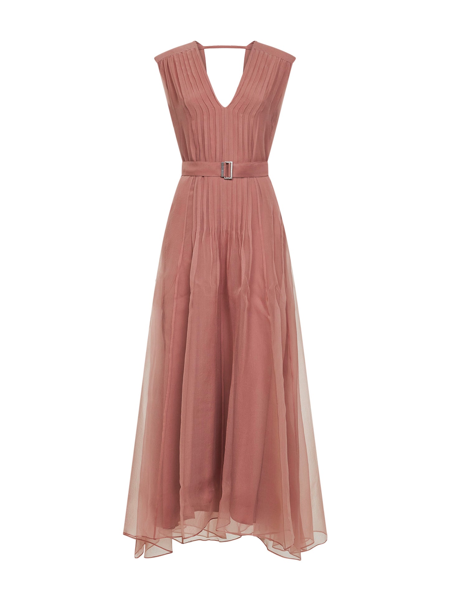 Pink Crispy silk belted long dress with monili
