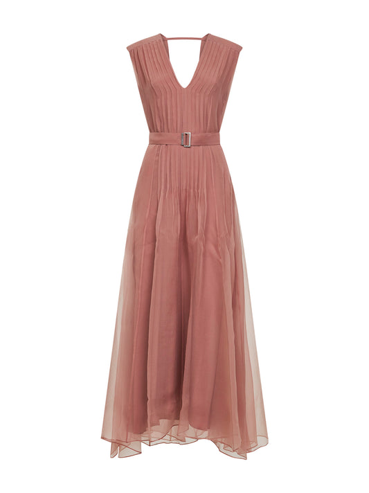 Pink Crispy silk belted long dress with monili