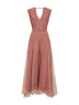 Pink Crispy silk belted long dress with monili