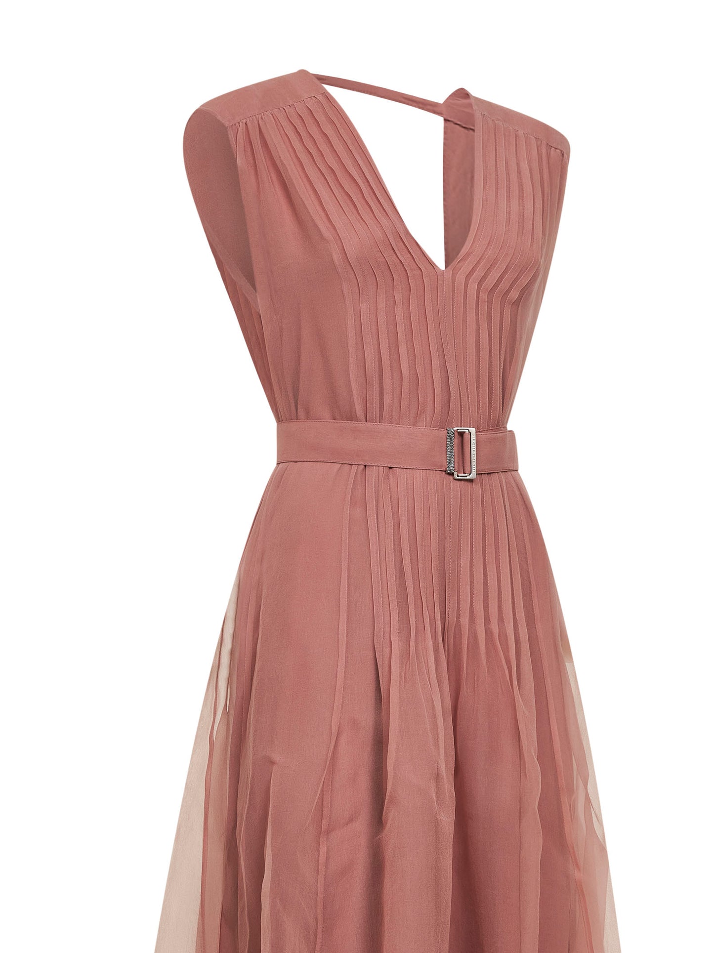 Pink Crispy silk belted long dress with monili