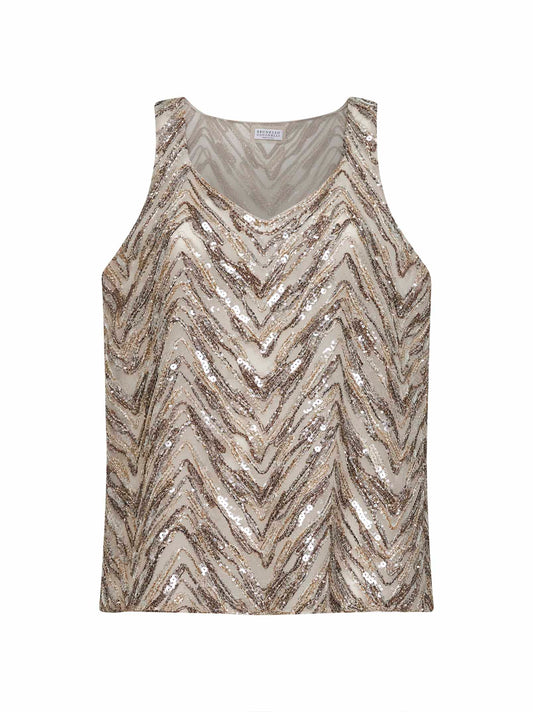 Top in seta Crispy beige con Dazzling Chevron Embroidery