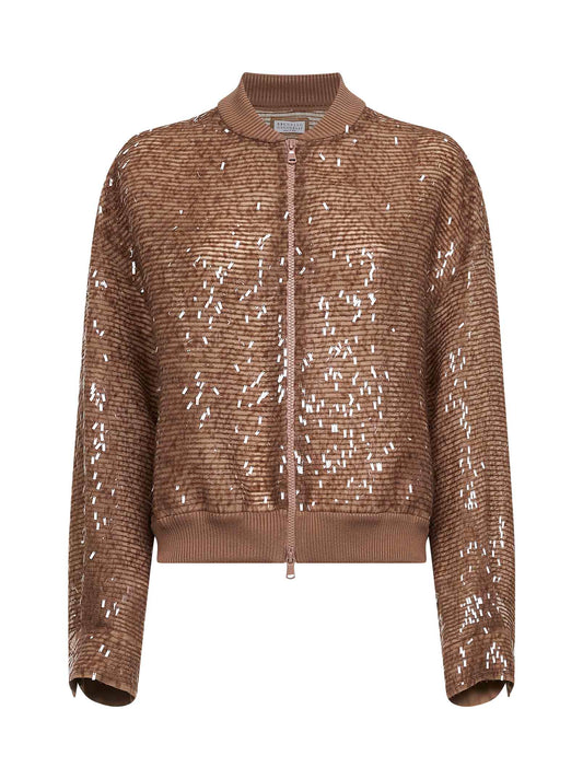 Beige Crispy silk Dazzling Cascade Embroidery bomber jacket