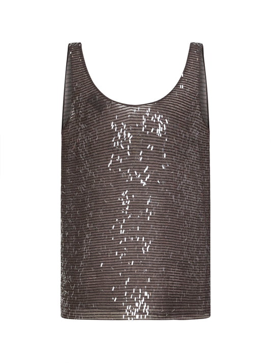 Dark brown Crispy silk Dazzling Cascade Embroidery top