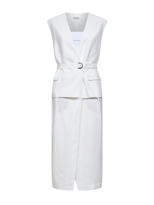 Ivory viscose and linen Fluid twill midi dress