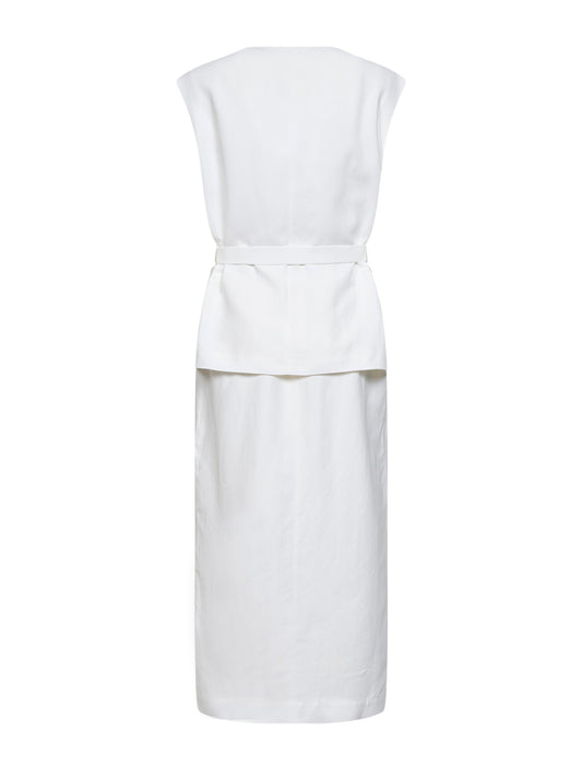 Ivory viscose and linen Fluid twill midi dress