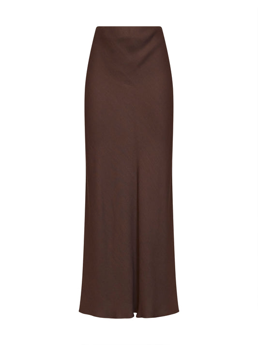 Cocoa viscose and linen twill Fluid Bias-Cut long skirt
