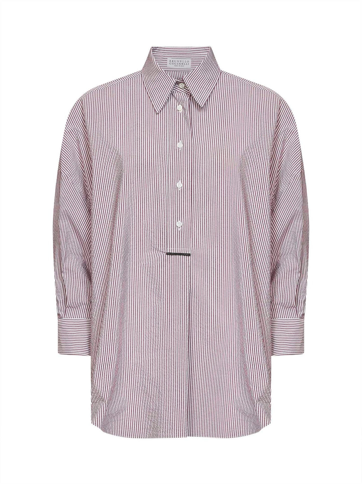 Camicia in misto cotone a righe naturale e viola con monile