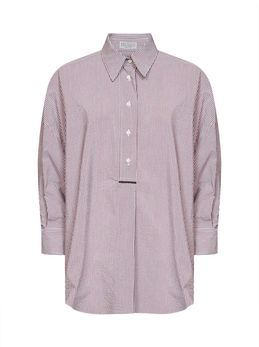 Natural and purple striped cotton blend shirt with monili