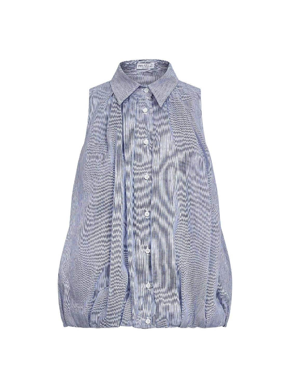 Camicia smanicata in organza a righe bianco e blu